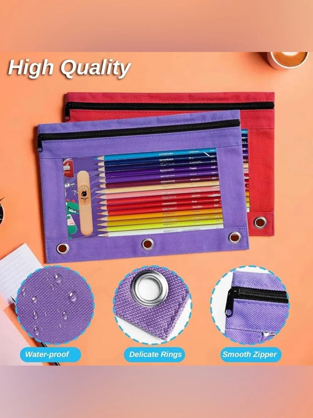 Pencil Pouch for 3 Ring Binder, 6 Pcs